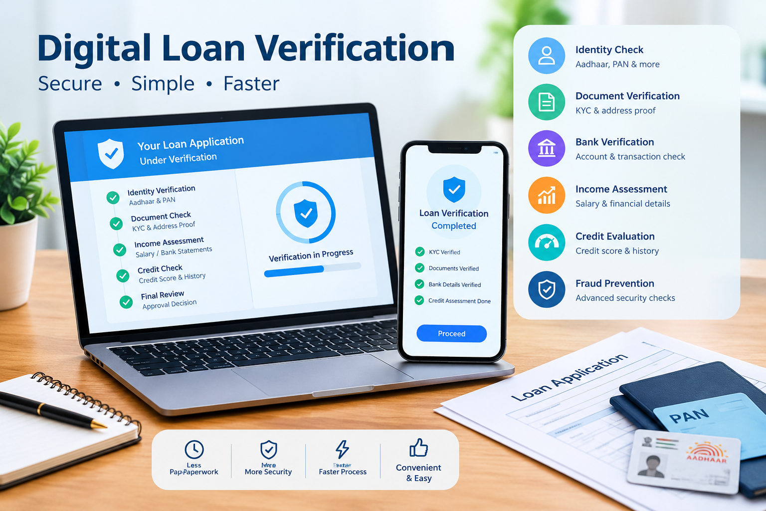 Digital loan verification process showing secure identity, document, bank, income, credit, and fraud checks on digital devices.